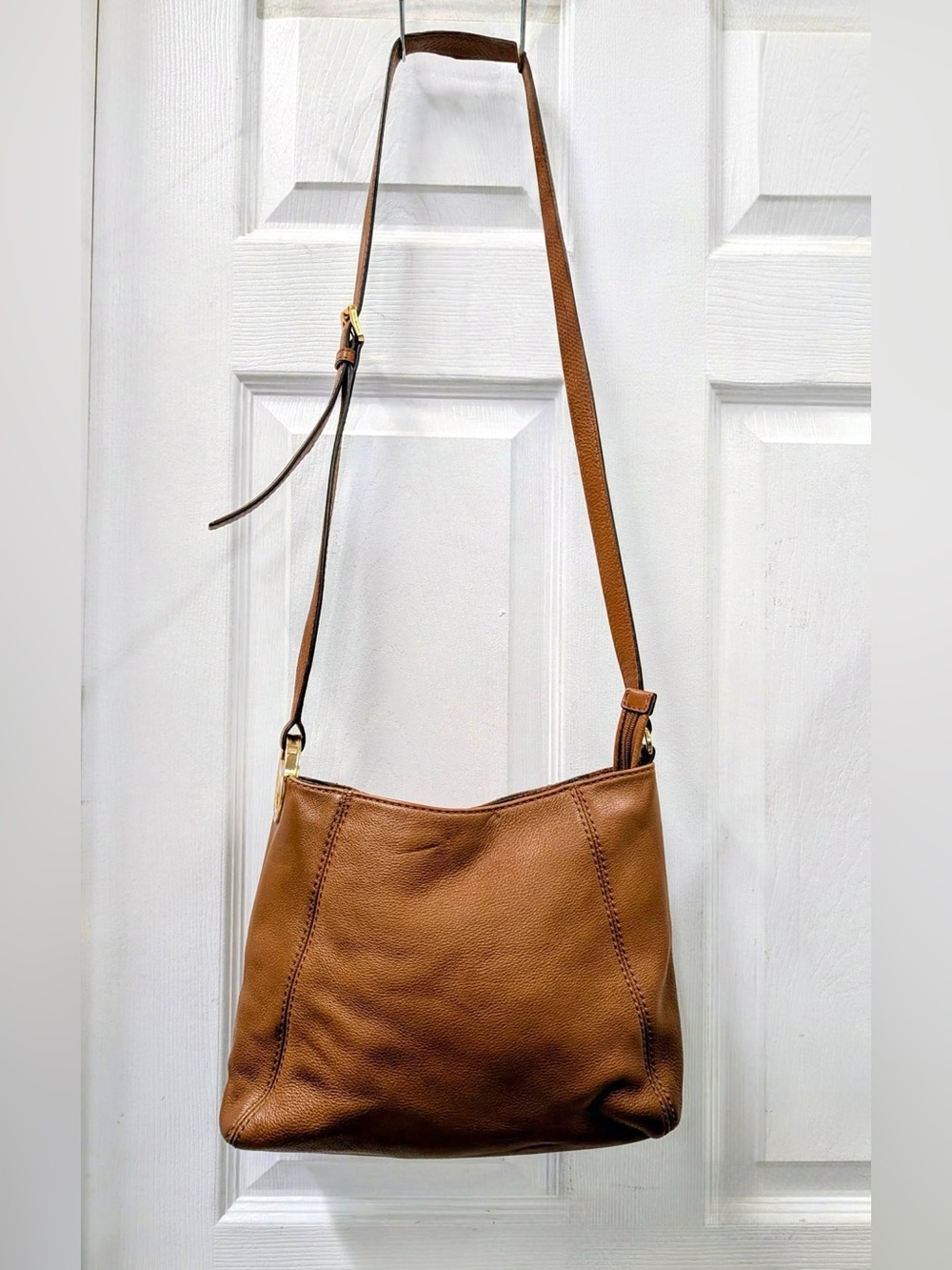 Michael Kors Cognac Pebbled Leather Crossbody Bag Gold MK Logo Adjustable Strap - Picture 2 of 9